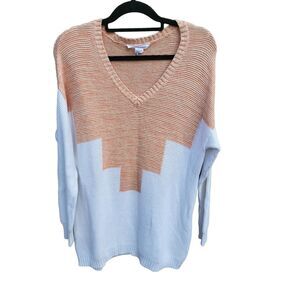 BCBGeneration Aztec Sweater XS Womens Colorblock V Neck Long Sleeve White Peach